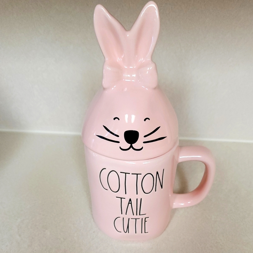 Rae Dunn Pink Cotton TAIL CUTIE Mug with Lid